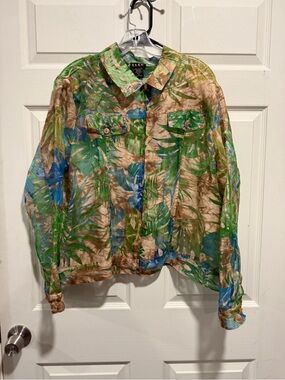 EILEEN Fisher Green Tropical Print Button-Up Blouse